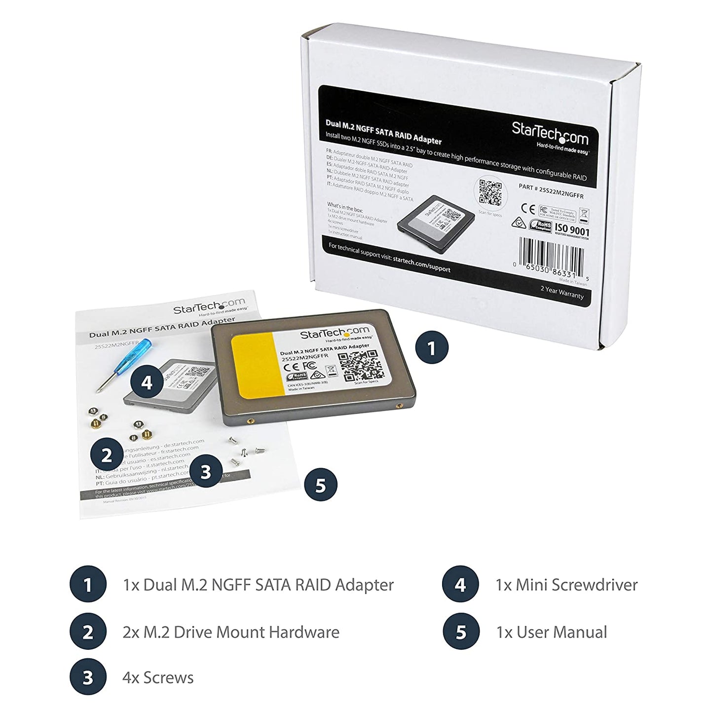 StarTech.com Dual M.2 SATA Adapter with RAID - 2x M.2 SSDs to 2.5in SATA (6Gbps) RAID Adapter Converter with TRIM Support (25S22M2NGFFR) Black/Silver 2x SATA M.2 (RAID) Enclosed