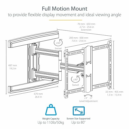 StarTech.com TV Wall Mount for up to 80 inch (110lb) VESA Mount Displays - Low Profile Full Motion Universal TV Wall Mount Bracket - Heavy Duty Adjustable Tilt/Swivel Articulating Arm (FPWARTS1) 37-80 Full-Motion