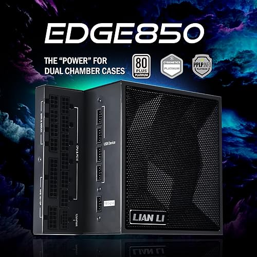 Lian Li Edge Series-850W Full Modular Power Supply-80 PLUS Platinum-ATX 3.0, 3.1-PCIE 5.1-L-Shape Design for Dual Chamber Case-120mm FDB Fan-Supports up to 4X USB Devices-Black (EG0850BE.US) 850W Platinum ATX Black
