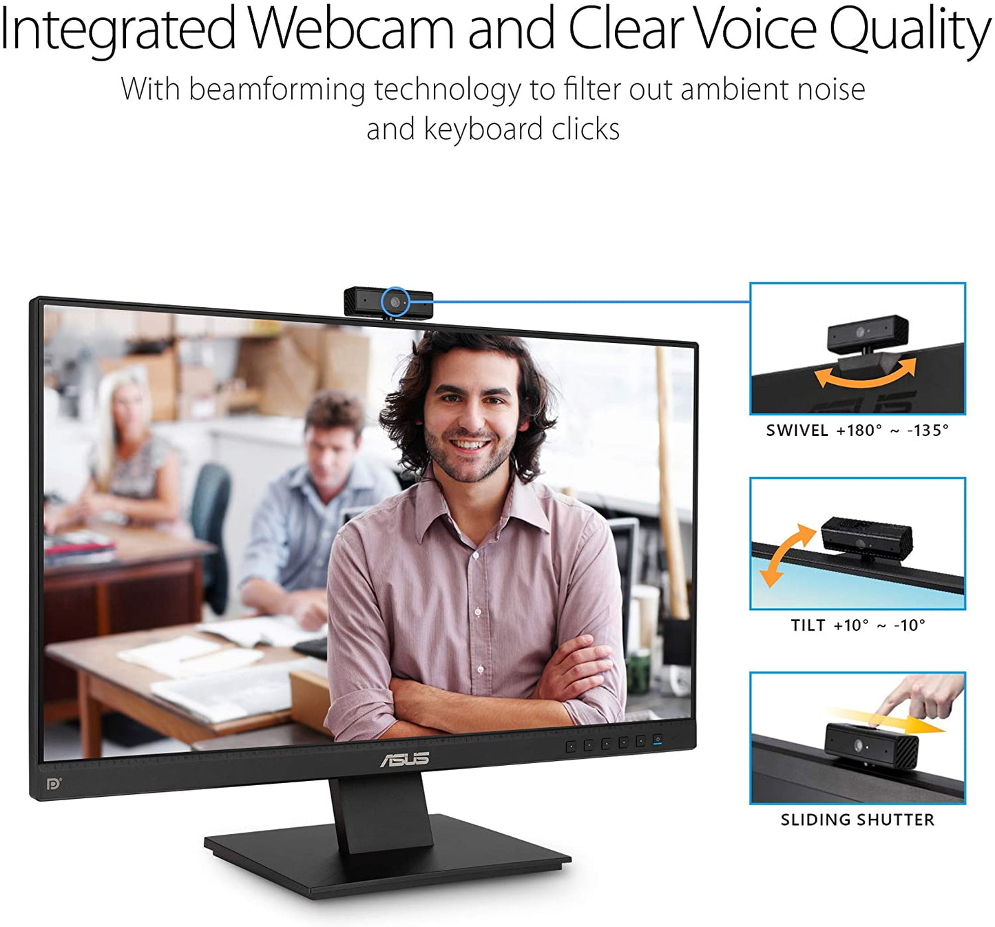 ASUS BE24EQK 23.8” Business Monitor with Webcam, 1080P Full HD IPS, Eye Care, DisplayPort HDMI, Frameless, Built-in Adjustable 2MP Webcam, Mic Array, Stereo Speaker, Video Conference 23.8" IPS w/Webcam & DisplayPort