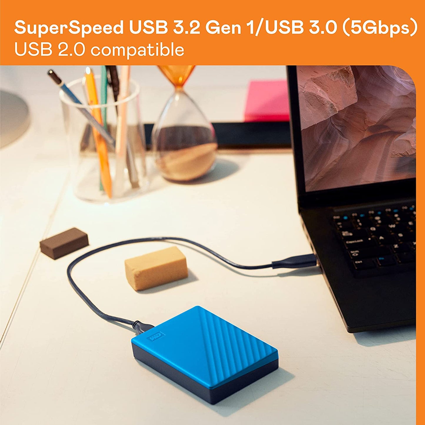 Western digital WD 1TB My Passport Portable External Hard Drive HDD, USB 3.0, USB 2.0 Compatible, Blue - WDBYVG0010BBL-WESN Blue 1TB PC Hard Drive