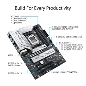 ASUS Prime X670-P WiFi Socket AM5 (LGA 1718) Ryzen 7000 ATX Motherboard(DDR5,Three M.2 Slots, USB 3.2 Gen 2x2 Type-C®, USB4® Support, WiFi 6 and 2.5Gb Ethernet)