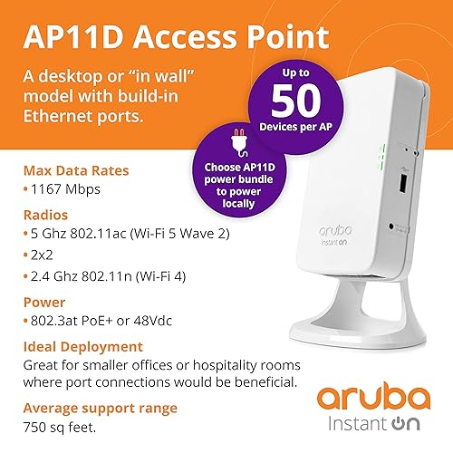 HPE Networking Instant On Access Point AP11D 2x2 WiFi 5 Indoor Wireless Access Point with Uplink and 3 Local Ports | Power Source Not Included | RW Rest-of-World Model (R2X16A)