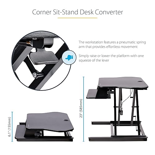 StarTech.com Corner Sit Stand Desk Converter with Keyboard Tray - Large Surface (35 x 21) - Height Adjustable Ergonomic Desktop/Tabletop Standing Workstation - Supports Dual Monitors (ARMSTSCORNR) Corner Desk