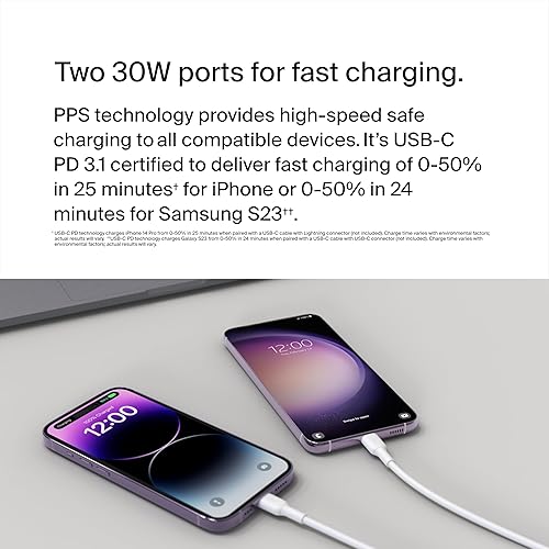Belkin Dual USB C Charger Block 60W w/PPS Super Fast Charging - Samsung Galaxy S25, Apple iPhone 17, Air, Pro, Pro Max, iPad, AirPods, Apple Watch, Google Pixel, Nintendo Switch 2 - White