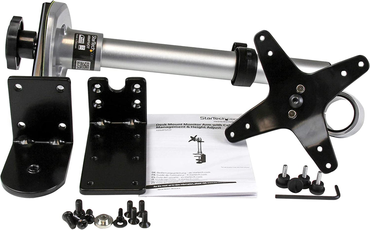 StarTech.com Monitor Desk Mount - Adjustable - Supports Monitors Up to 30lb / 14kg - Premium Single Screen VESA Monitor Mount - Desk & Grommet Clamp -Silver (ARMPIVOT) Silver No Articulating Arm