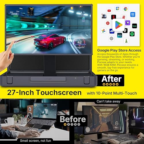MP Mobile Pixels 27" Pixcase Computer Monitor, 1080P Touchscreen with 16GB RAM, Google Play Access, 40W Speakers, Compact Suitcase Design, Gamepad & Remote Included, Windows/Mac/Switch/Consoles
