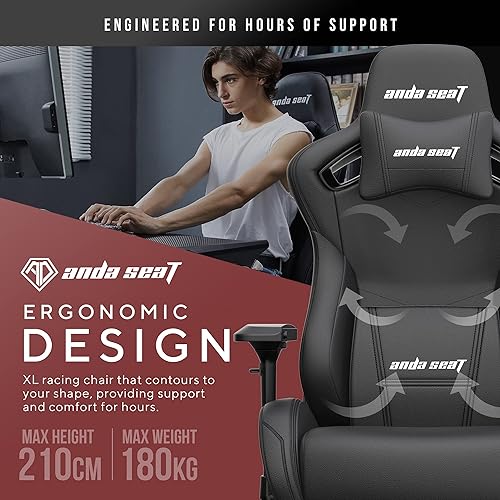Anda Seat Kaiser 2 Black Leather Gaming Chair - XL Premium Ergonomic Gamer Chair for Adults, Plus Size Video Game Chairs, Memory Foam Neck Pillow & Lumbar Back Support - Office Computer Desk Chair Black/White