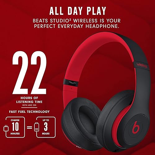 Beats Studio3 Wireless Noise Cancelling Over-Ear Headphones - Apple W1 Headphone Chip, Class 1 Bluetooth, 22 Hours of Listening Time, Built-in Microphone - Defiant Black-Red Defiant Black-Red Studio3