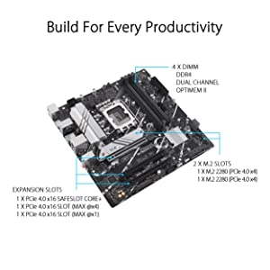 ASUS Prime B760M-A D4 Intel® B760 (LGA 1700)(13th and 12th Gen) mATX Motherboard, PCIe 4.0, 2xM.2 Slots,2.5Gb LAN, DisplayPort,Dual HDMI,Rear USB 3.2 Gen 2, Front USB 3.2 Gen 1 Type-C®, Aura Sync