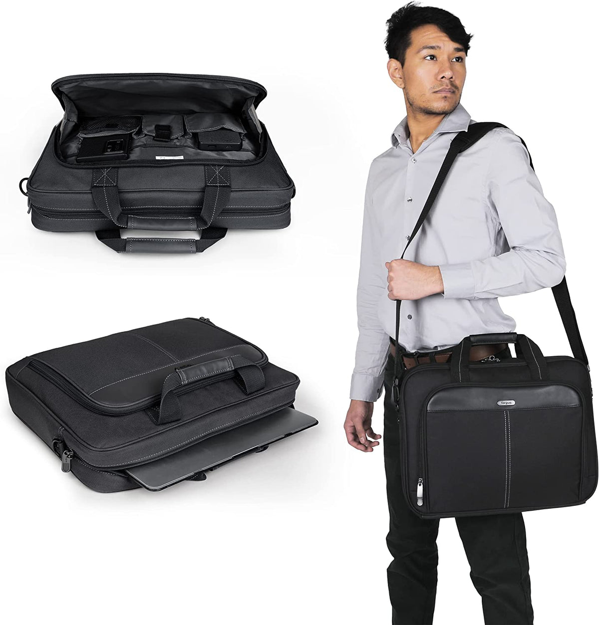 Targus Laptop Bag — Black 15.6" Classic Slim Briefcase Messenger Bag, Spacious, Ergonomic, Foam Padded Laptop Case for Devices Up To 16" (TCT027US)