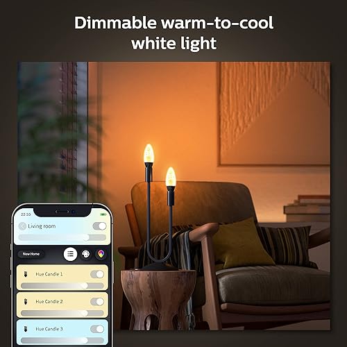 Philips Hue Smart 40W Candle-Shaped Filament LED Bulb - White Ambiance Warm-to-Cool White Light - 2 Pack - 270LM - E12 - Indoor - Control with Voice or App Candle White Ambiance 2 Pack