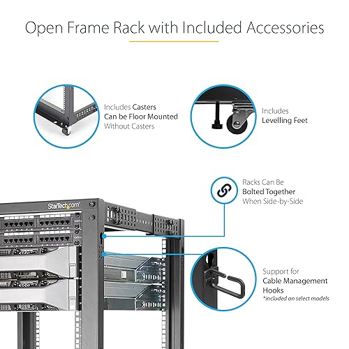 StarTech.com 4-Post 18U Mobile Open Frame Server Rack, 19in Network Rack with Wheels, Rolling Rack for Computer/AV/Data/IT Equipment - Casters, Leveling Feet or Floor Mounting (4POSTRACK18U) 18U Rack