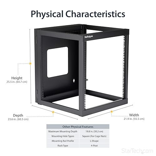 StarTech.com 12U 22-Inch Hinged Open Frame Rack Cabinet Wallmount Server Rack Components, Black (RK1219WALLOH)
