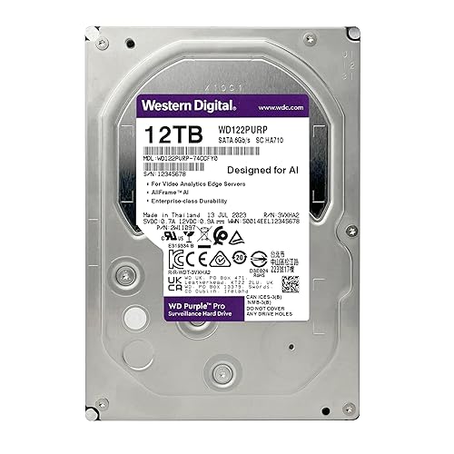 Western Digital 12TB WD Purple Pro Surveillance Internal Hard Drive HDD - SATA 6 Gb/s, 512 MB Cache, 3.5" - WD122PURP