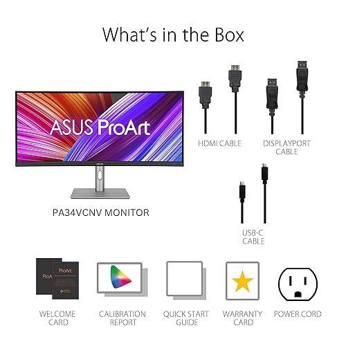ASUS ProArt Display 34” Ultrawide Curved Professional HDR Monitor (PA34VCNV) - IPS, 21:9 3440 x 1440, 3800R Curve, 100% sRGB/Rec709, ?E<2, Calman Verified, USB-C Docking PD 96W, RJ45, 3 Year Warranty