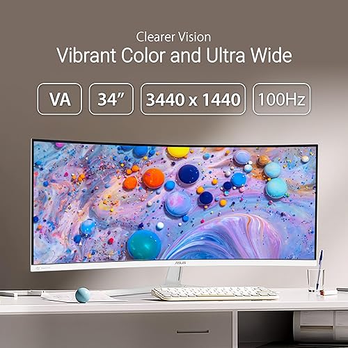 ASUS 34” Ultra-Wide Curved Eye Care Monitor (VU34WCIP-W) – WQHD (3440x1440), 1500R Curvature, Frameless, 100Hz, Nano-ion, SmoothMotion, Eye Care Plus, USB-C PD 65W, Speakers