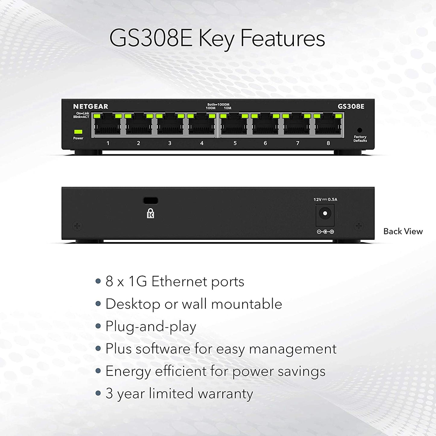 NETGEAR 8-Port Gigabit Ethernet Plus Switch (GS308E) - Desktop or Wall Mount, Home Network Hub, Office Ethernet Splitter, Silent Operation, Black 8 Port with Enhanced Features