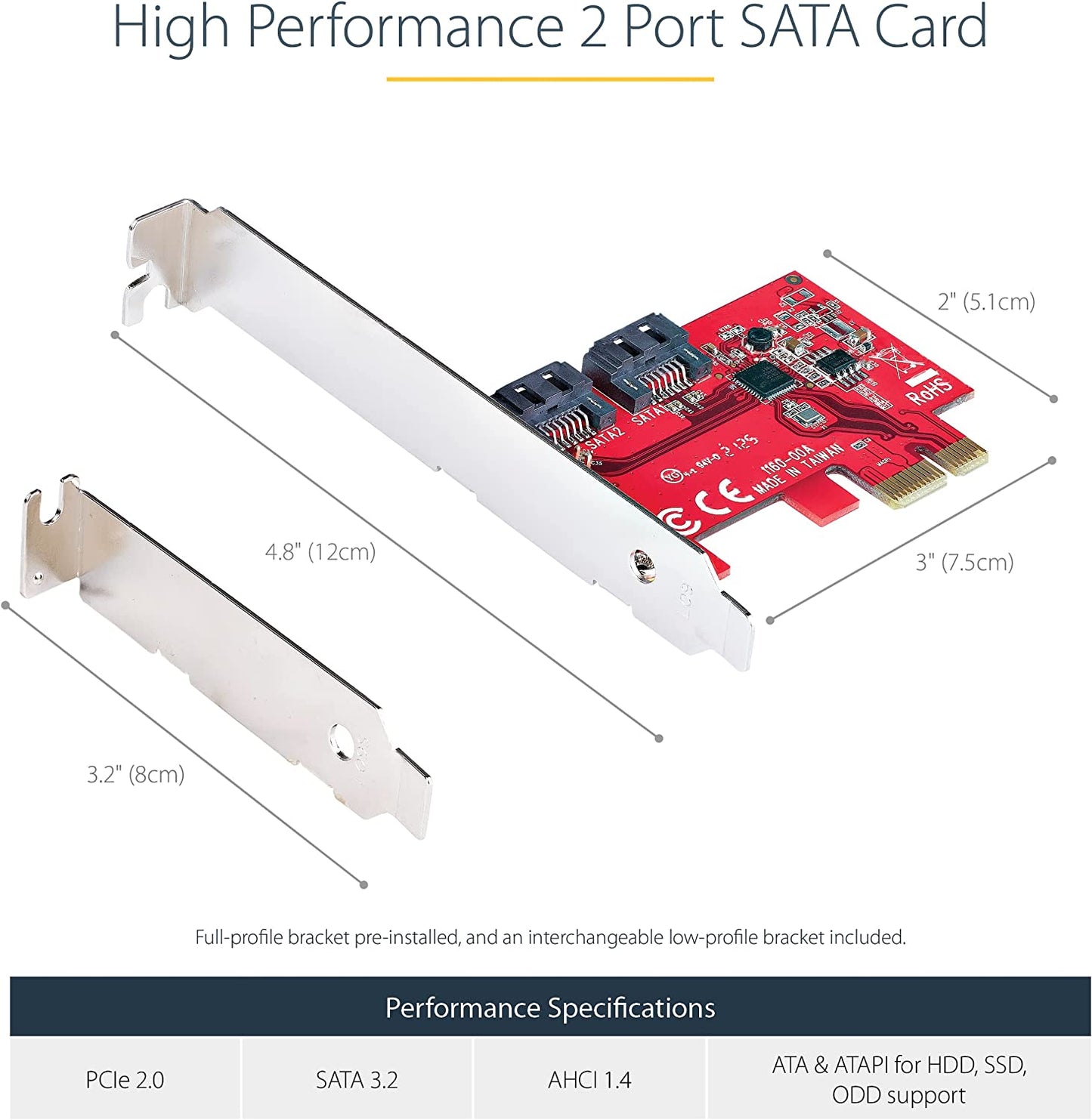 StarTech.com SATA PCIe Card - 2 Port PCIe SATA Expansion Card - 6Gbps - Full/Low Profile - PCI Express to SATA Adapter/Controller - ASM1061 Non-Raid - PCIe to SATA Converter (2P6G-PCIE-SATA-CARD) Non-RAID 2 Port
