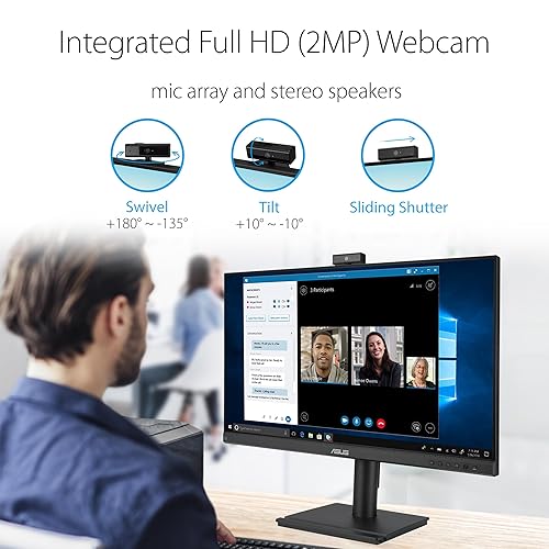 ASUS 24” 1080P Video Conferencing Monitor (BE249QFK) - IPS, 100Hz, Frameless, Full HD Webcam, Mic Array, Speakers, Height Adjustable, Ergonomic Design, Eye Care, Wall Mountable, 3 yr Warranty 24 IPS 100Hz Webcam Mic Array