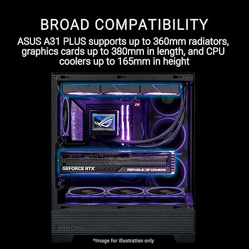 ASUS A31 Plus Black ATX case (Hidden-Connector motherboards, 360mm radiators and 380mm Graphics Cards, with Black or White Color Options, Four pre-Installed ARGB Fans, Clean Cable Management)