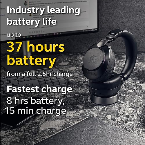 Jabra Evolve2 85 UC Wireless Headphones with Link380c & Charging Stand, Stereo, Black – Wireless Bluetooth Headset for Calls and Music, 37 Hours of Battery Life, Advanced Noise Cancelling Headphones