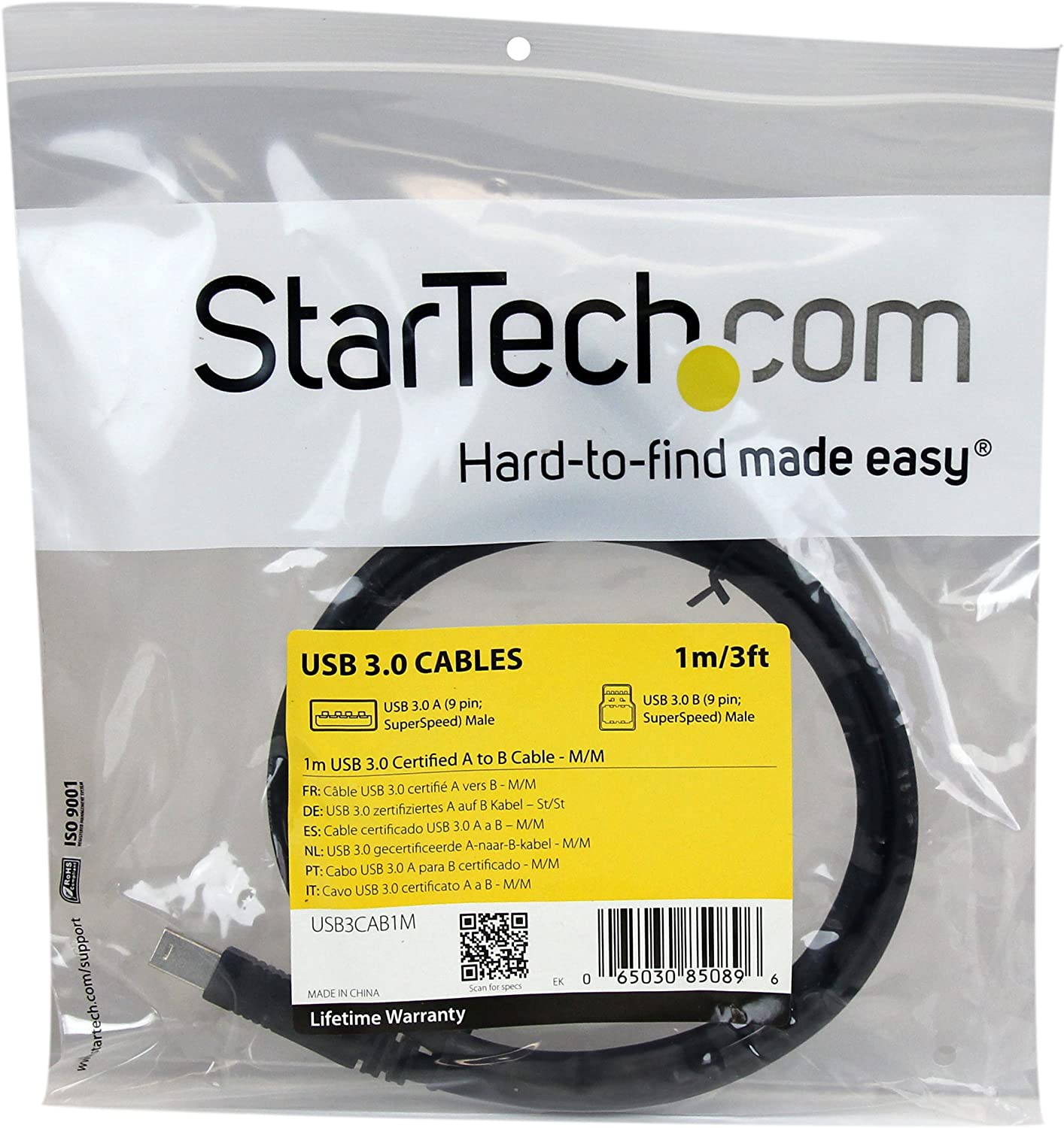 StarTech.com 1m 3 ft Certified SuperSpeed USB 3.0 A to B Cable Cord - USB 3 Cable - 1x USB 3.0 A (M), 1x USB 3.0 B (M) - 1 meter, Black (USB3CAB1M) Black 3 feet