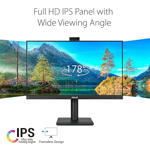ASUS 24” 1080P Video Conferencing Monitor (BE249QFK) - IPS, 100Hz, Frameless, Full HD Webcam, Mic Array, Speakers, Height Adjustable, Ergonomic Design, Eye Care, Wall Mountable, 3 yr Warranty 24 IPS 100Hz Webcam Mic Array