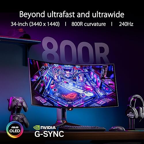 ASUS ROG Swift 34” OLED Ultrawide 800R Curved Gaming Monitor (PG34WCDM) – 21:9 (3440 x 1440), 240Hz, 0.03ms, G-SYNC Compatible, Custom Heatsink, Uniform Brightness, Smart KVM, USB-C 90W PD, 1300nits