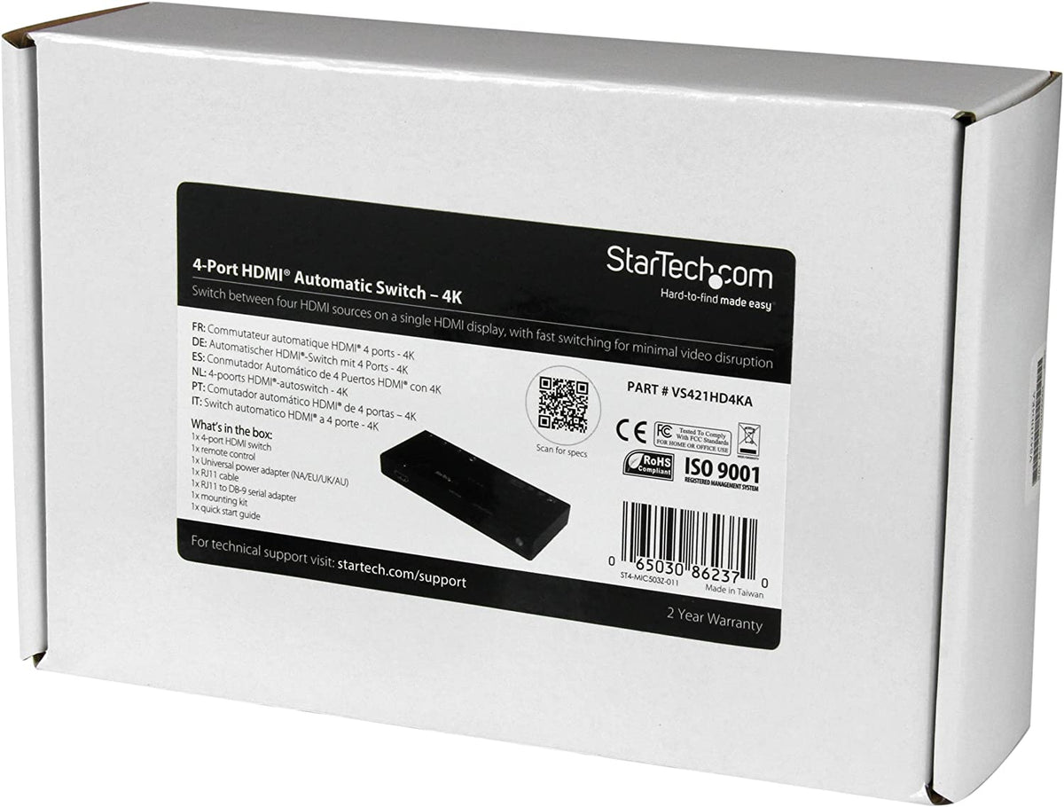 StarTech.com 4 Port HDMI Switch - 4K with Fast Switching, Auto-Sensing & Serial Control – Automatic 4x1 HDMI Video Switcher Box (VS421HD4KA), Black