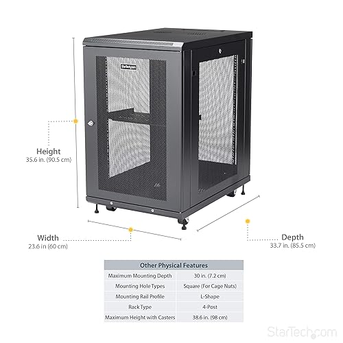 StarTech.com 4-Post 18U Server Rack Cabinet, 19 Data Rack Cabinet for IT / Network Equipment, with Adjustable Mounting Rails 18U Cabinet RK1833BKM