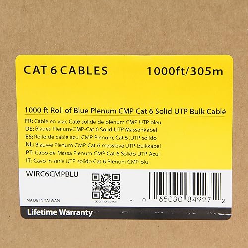 StarTech.com 1000 ft Roll of Blue Plenum CMP Cat 6 Solid UTP Bulk Cable - CMP/FT6 Plenum Fire Rating - ETL Verified - 23 AWG - 1000ft Cat6 (WIRC6CMPBLU) Blue Cat6 - 1000ft