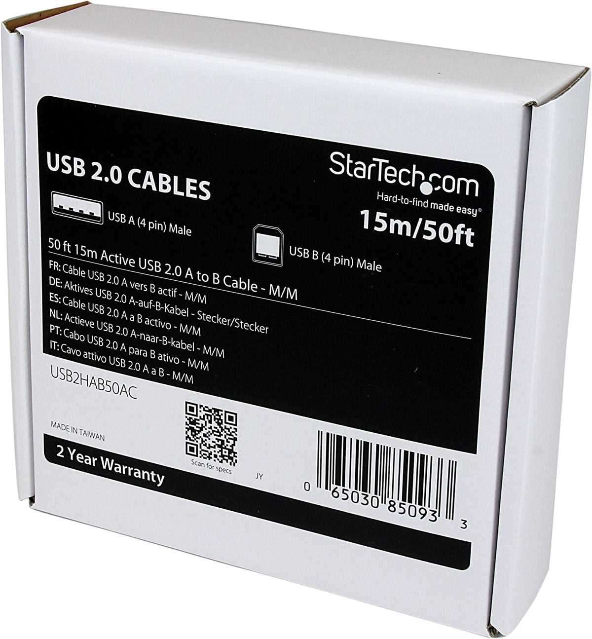 StarTech.com 15m / 50 ft Active USB 2.0 A to B Cable - Long 15 m USB Cable - 50 ft USB Printer Cable - 1x USB A (M), 1x USB B (M) - Black (USB2HAB50AC) 50 ft/15 m