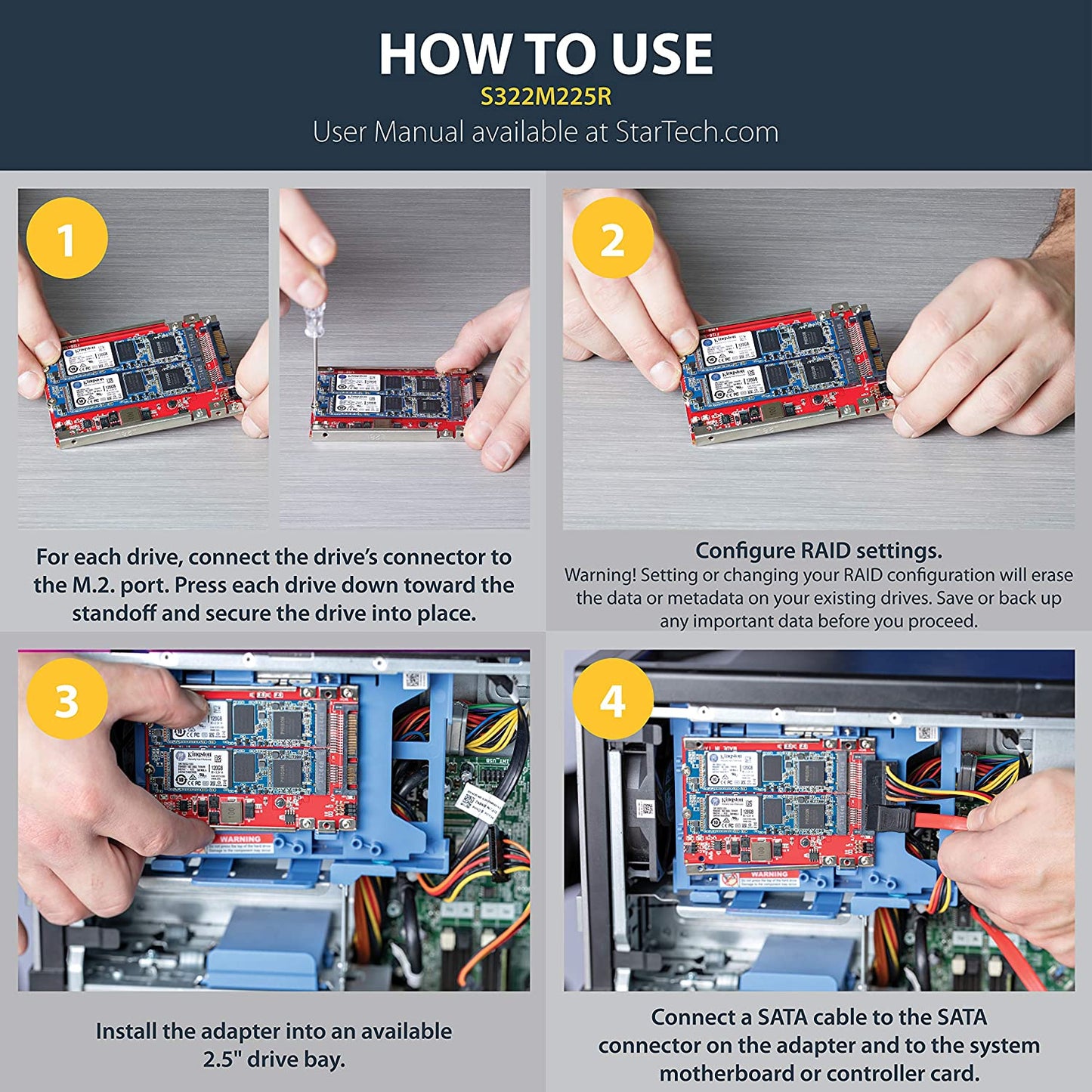 StarTech.com M.2 to SATA Adapter - Dual Slot - for 2.5in Drive Bay - RAID - M.2 SSD - M.2 Adapter - M.2 SSD Adapter (S322M225R) 2.5in SATA Dual M.2 (SATA) Drive