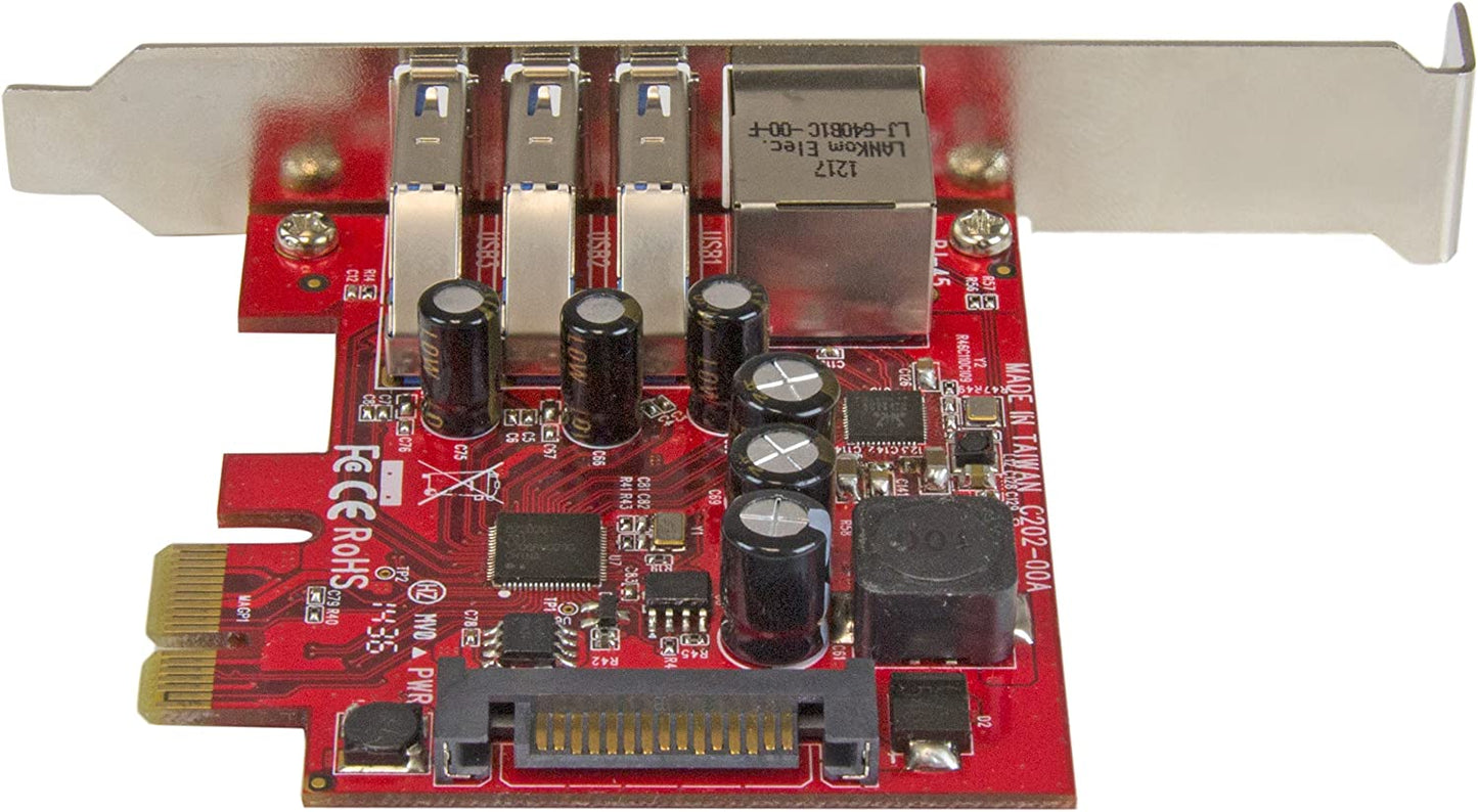 StarTech.com 3 Port PCI Express USB 3.0 Card + Gigabit Ethernet - Fits Standard & Low-Profile PCs - UASP Supported - Optional SATA Power (PEXUSB3S3GE) 3 Ext | 1 LAN PCI Express Single