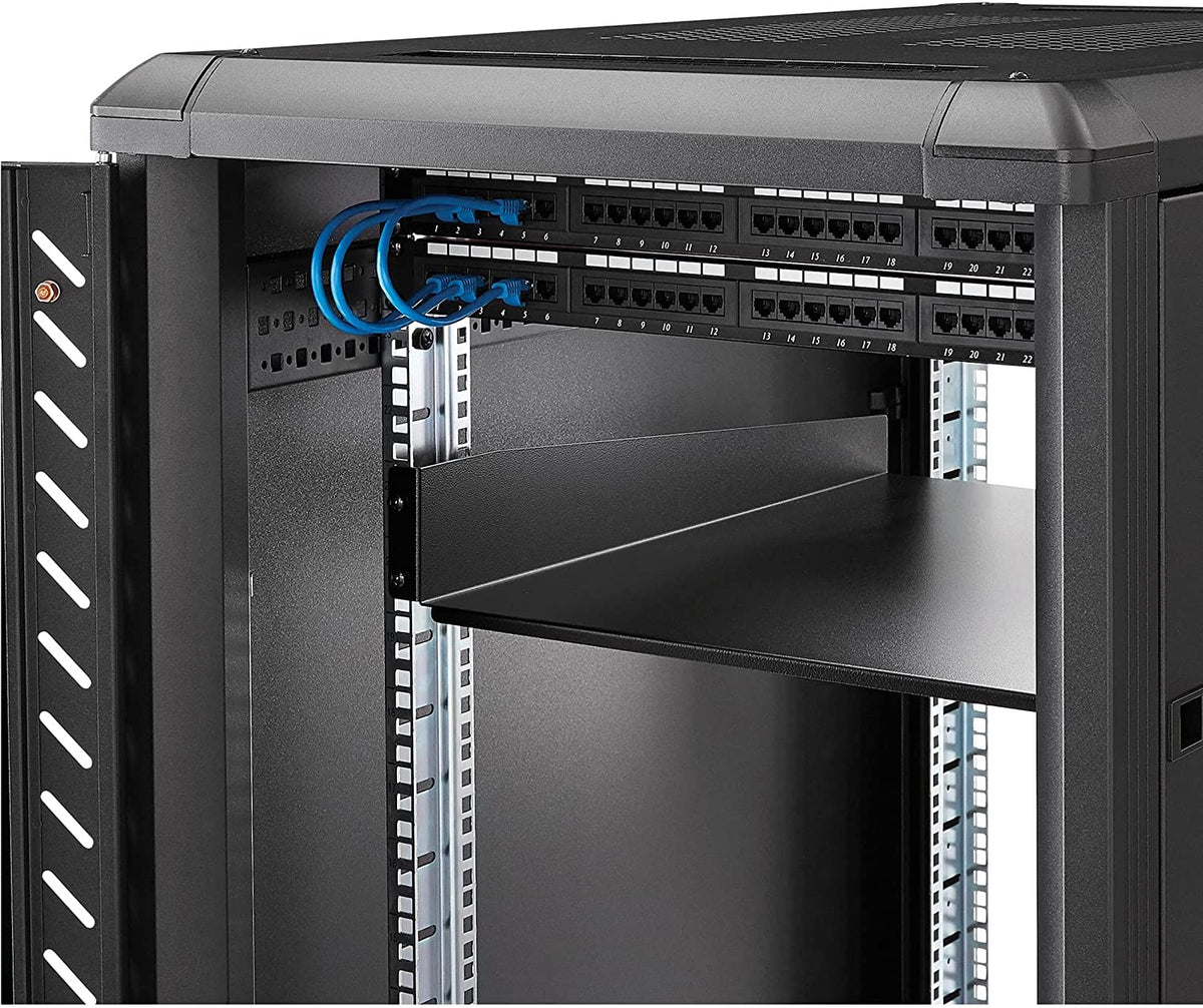 StarTech.com 2U Server Rack Shelf - Universal Rack Mount Cantilever Shelf for 19" Network Equipment Rack & Cabinet - Heavy Duty Steel Weight Capacity 50lb/23kg - 22" Deep Tray, Black (CABSHELF22) 22" Depth 22" Depth