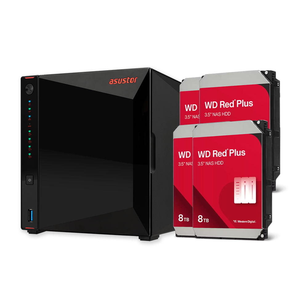 Asustor AS5404T 4-Bay Nas Enclosure + 4 WD Red Plus WD80EFPX 8TB Hard Drive