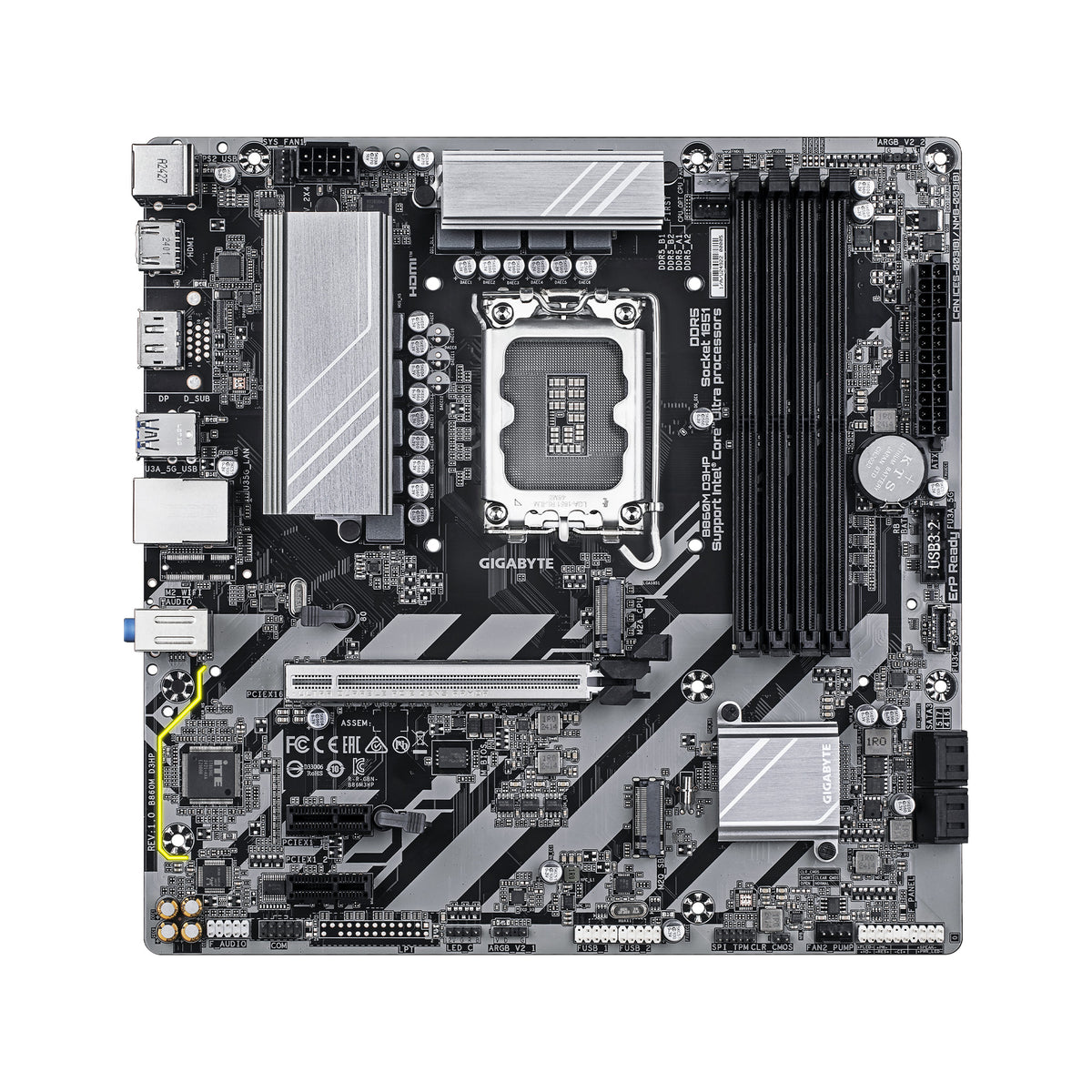 GIGABYTE B860M D3HP Intel Core Ultra (Series 2) LGA 1851 Motherboard, mATX, DDR5, 2x M.2, PCIe 5.0, USB-C, 1GbE LAN, EZ-Latch