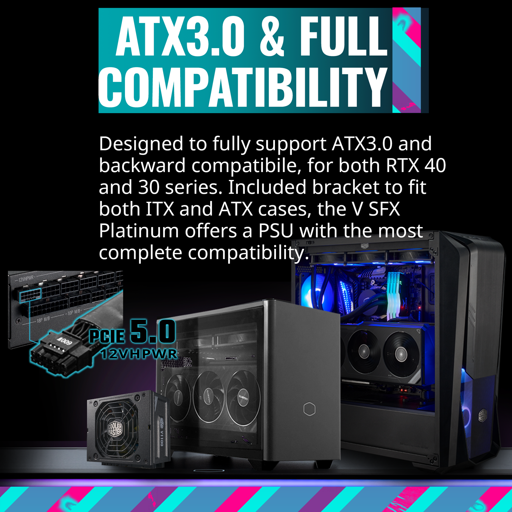 Cooler Master V750 SFX Gold Full Modular, 750W, 80+ Gold Efficiency, ATX Bracket Included, Quiet FDB Fan, SFX Form Factor, 10 Year Warranty