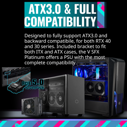 Cooler Master V750 SFX Gold Full Modular, 750W, 80+ Gold Efficiency, ATX Bracket Included, Quiet FDB Fan, SFX Form Factor, 10 Year Warranty