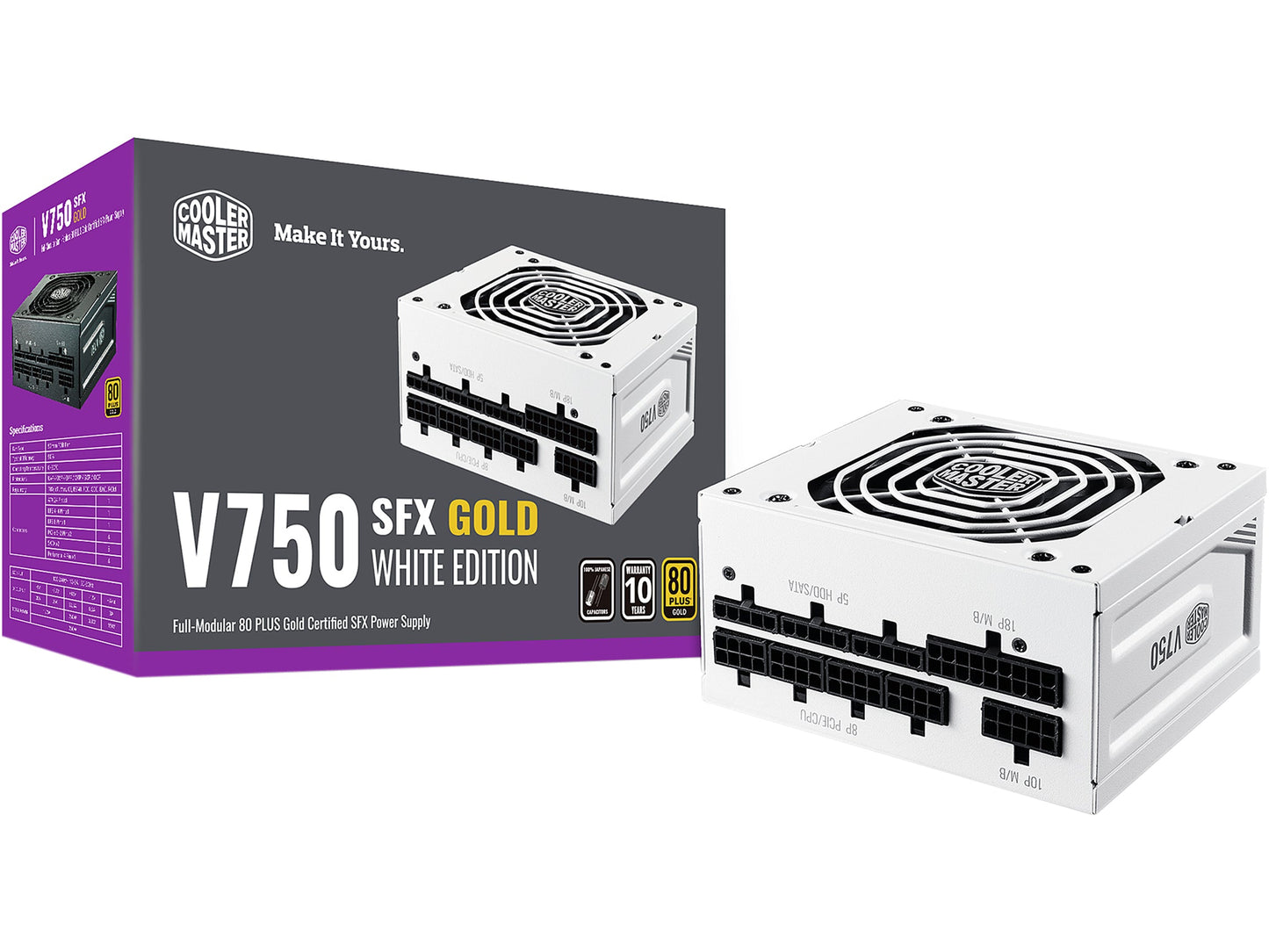 Cooler Master V750 SFX Gold White Edition Full Modular, 750W, 80+ Gold Efficiency, ATX Bracket Included, Quiet FDB Fan, SFX Form Factor, 10 Year Warranty