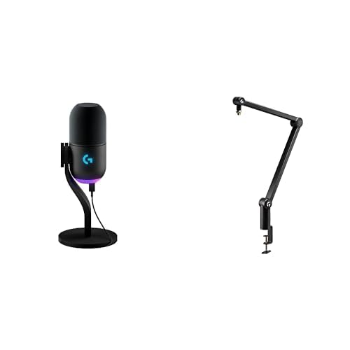 Logitech G Yeti GX Dynamic RGB Gaming Microphone with LIGHTSYNC, USB + Compass G Premium Tube-Style Microphone Broadcast Boom Arm Yeti GX Mic + Compass