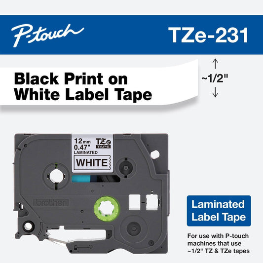 Brother P-Touch Tze231, Laminated, 1/2" X 26.2 Ft (12Mm X 8M), Black On White Label Tape