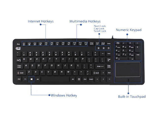 Adesso AKB-270UB SlimTouch Antimicrobial Waterproof USB Compact size Touchpad  keyboard, 15.50x 5.50x 0.43 (Black)
