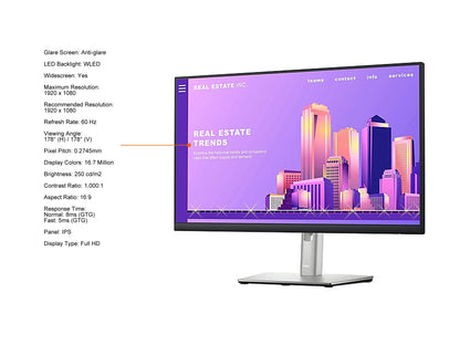 Dell P2422H 24 (23.8 Viewable) 1920 x 1080 Full HD IPS, VGA DisplayPort HDMI USB 3.2, VESA Swivel Tilt Height Adjust LED-Backlit Monitor
