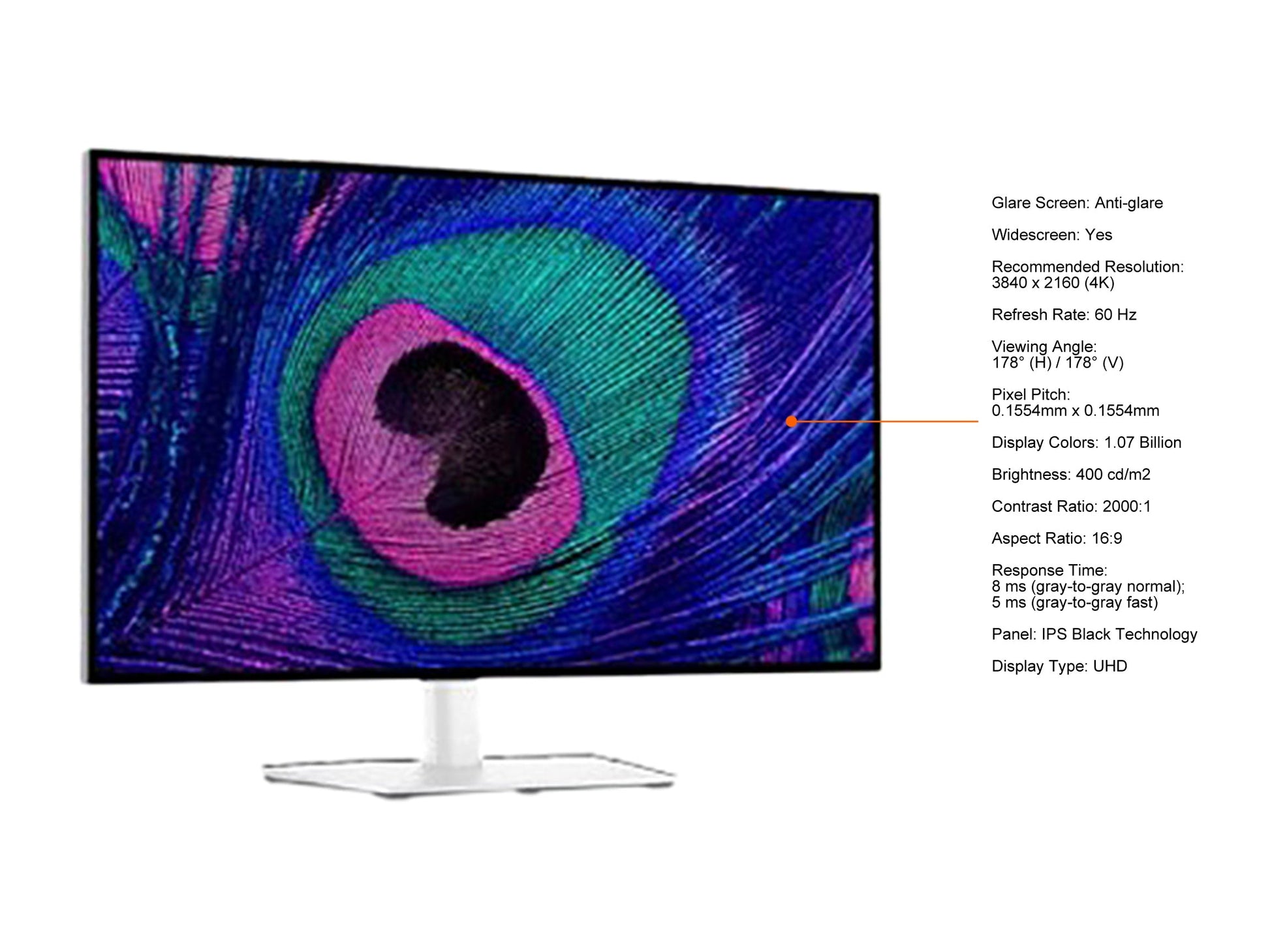Dell 27 60 Hz IPS Black Technology UHD IPS Monitor 8 ms (gray-to-gray normal); 5 ms (gray-to-gray fast) 3840 x 2160 (4K) HDMI, DisplayPort, USB, Audio Flat Panel UltraSharp U2723QE