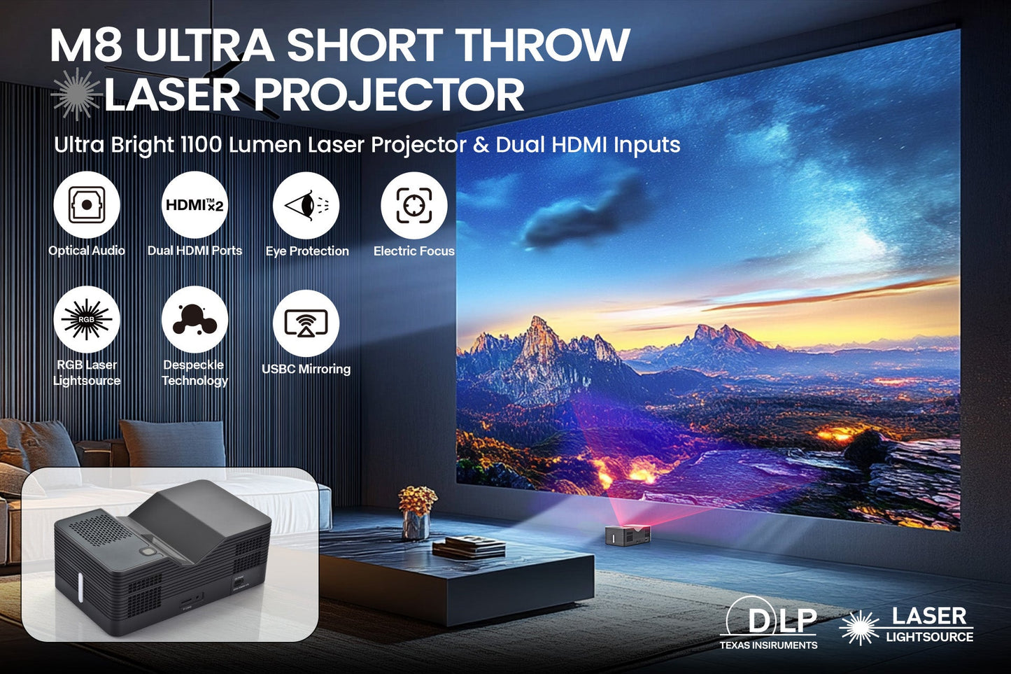 AAXA M8 UST Laser Projector Ultra Short Throw 4K Laser Projector 1100 LD Lumens, BT 5.4, WiFi 6, USBC Mirroring, 2xHDMI, Optical Audio, Efocus, Auto Keystone, Smart Projector