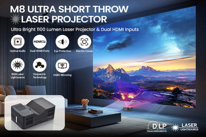 AAXA M8 UST Laser Projector Ultra Short Throw 4K Laser Projector 1100 LD Lumens, BT 5.4, WiFi 6, USBC Mirroring, 2xHDMI, Optical Audio, Efocus, Auto Keystone, Smart Projector