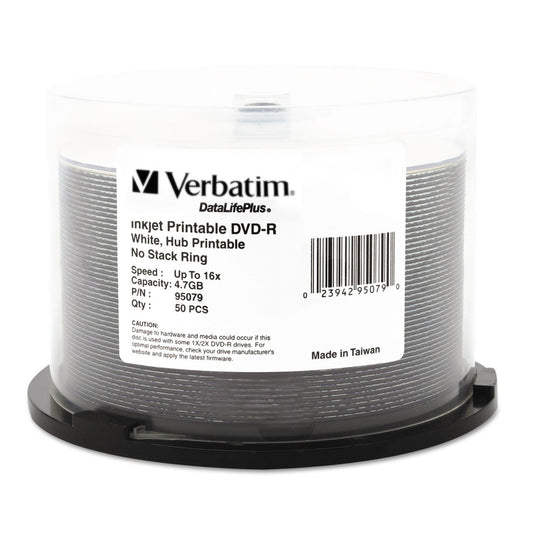 Verbatim DVD-R DataLife Plus Printable Recordable Disc, 4.7 GB, 16x, Spindle, White, 50/Pack (95079)