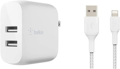 Belkin Dual USB Charger 24W USB-A Charger, White &amp; Braided Lightning Cable (Boost Charge Lightning to USB Cable for iPhone MFi-Certified iPhone Charging Cable, 6.5ft/2m, White (CAA002bt2MWH) Standalone Charger + Lightning Cable